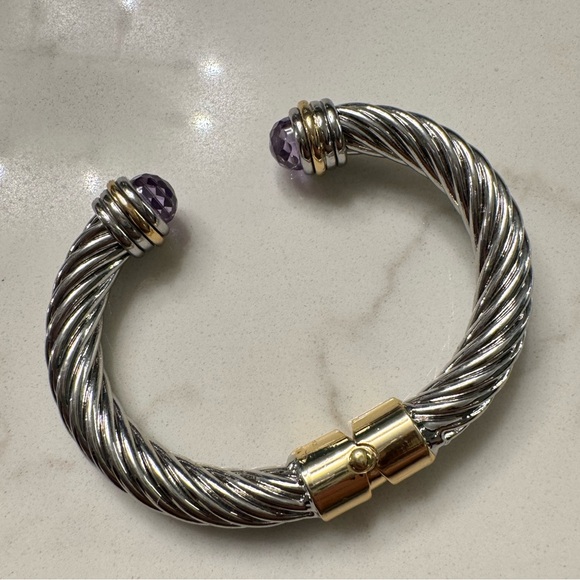 Two Tone Cable Bracelet Hinged Open Cuff with Large Purple Crystals - Picture 12 of 14